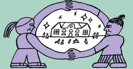 Simple Illustration: Zwei kleine Personen greifen sich bei den Händen. Ihre Arme bilden ein Oval in dessen innern ein Schulgebäude mit Kindern davor zu sehen ist.