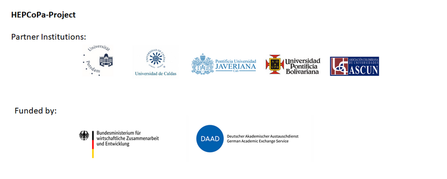 Auf dem Bild sind die Logos von Universität Potsdam, Universität Caldas, Päpstliche Universität Xaveriana, Päpstliche Universität Bolivariana, Assoziation der kolumbianischen Universitäten (ASCUN) zu sehen. Unten auf dem Bild befindet sich die Logos von den Geldgebern: BMZ & DAAD