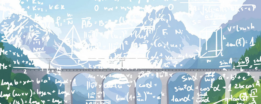Brücke vor Gebirgslandschaft mit grafischen und mathematischen Symbolen