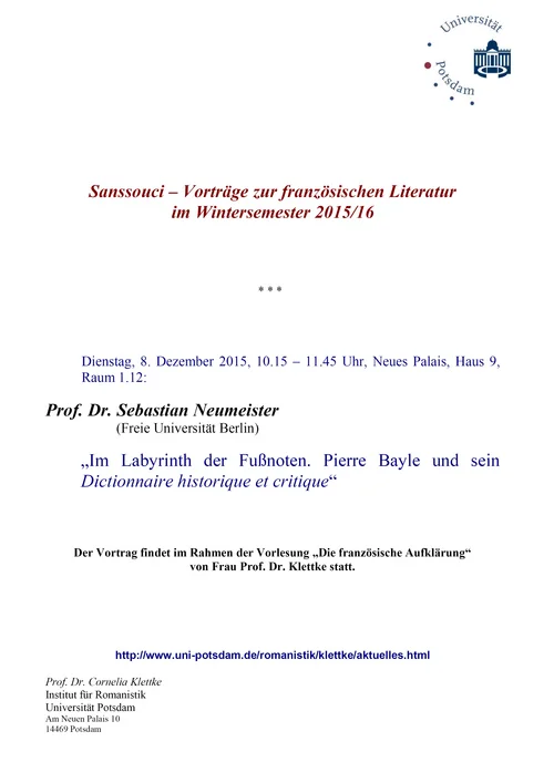 Sanssouci – Vorträge zur französischen Literatur im Wintersemester 2015/16