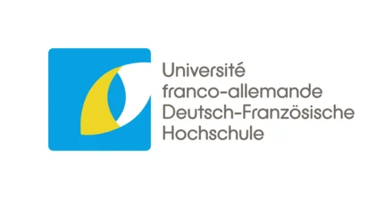Das Bild zeig das offizielle Logo der Deutsch-Französischen Hochschule (DFH / UFA). Es ist blau, gelb, weiß.