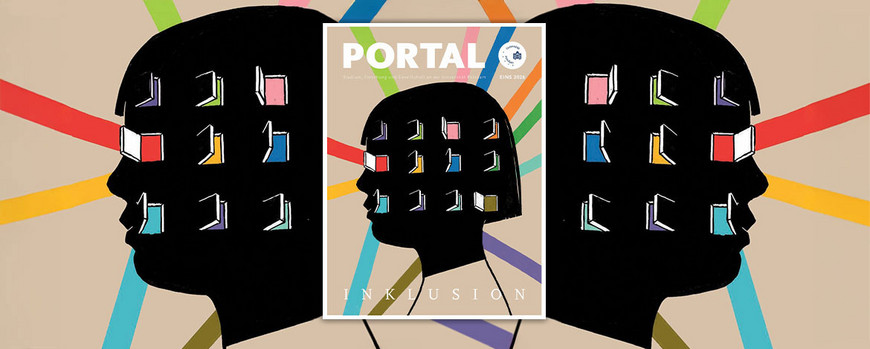 Collage der Illustration des Heftes der Portal, dem Unimagazin, welches in der Mitte des Bildes dargestellt ist. Es zeigt: Der Kopf eines Menschen im Profil. Schwarze Silhouette in der mehrere Reihen rudimentärer Türchen oder Fenster sich öffnen. Die Öffnungen sind jeweils verschieden farbig hinterlegt. Der Bildhintergrund ist warm-beige durchzogen mit breiten Streifen in verschiedenen bunten Farben, die alle hinter dem Kopf zusammenlaufen. Text: Portal - Inklusion