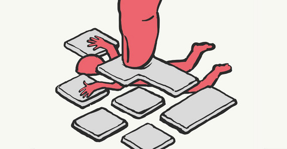 Illustration zum Projekt „HateLess“: Ein Finger (rot) zerquetscht eine Person unter einer Tastatur. Die Illustration ist von Andreas Töpfer.