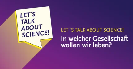Schriftzug „Let's talk about Science” in einer Sprechblase auf violettem Hintergrund.