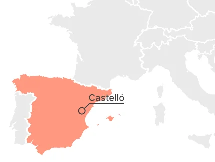 Es ist ein Ausschnitt einer Europakarte zu sehen, auf der Spanien farblich hervorgehoben ist. Die Stadt Castelló ist markiert. Das Bild stammt von EDUC.