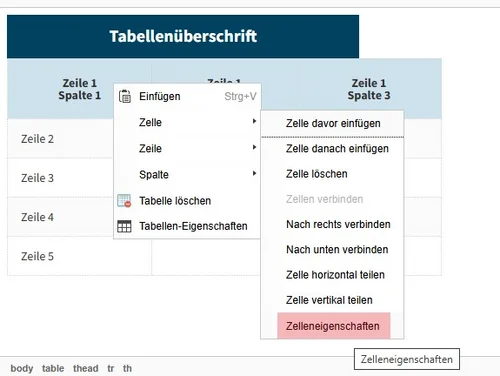 Kontextmenü der Tabelle