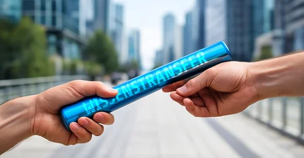 A blue baton with the inscription “Knowledge Transfer” is handed from one hand to another. A futuristic skyline can be seen in the background.