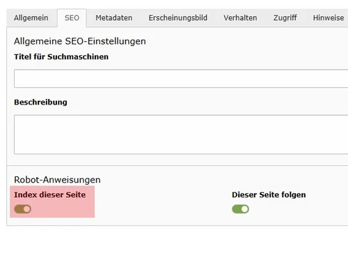Screenshot der Option „Index dieser Seite“ im SEO-Tab der TYPO3-Seiteneigenschaften, um die Seite für Suchmaschinen auf noindex zu setzen