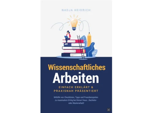 Buchcover, Bücherstapel an den eine Leiter gelehnt ist, oben sitzt eine Frau mit aufgeklapptem Laptop