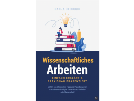 Buchcover, Bücherstapel an den eine Leiter gelehnt ist, oben sitzt eine Frau mit aufgeklapptem Laptop