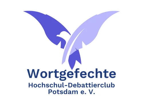 Logo aus Schreibfedern, die eine Taube bilden mit Text