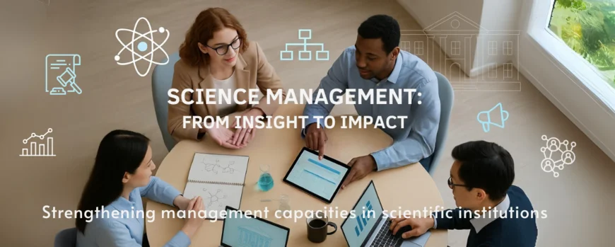 Four people are sitting at a round table and talking. They all have laptops or a writing book in front of them. A lettering with science management is in the middle of the picture. Various icons complete the picture.
