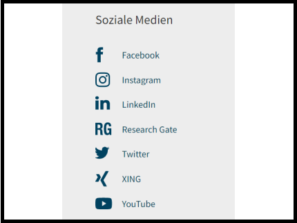 Die Uni Potsdam ist bei diesen Sozialen Medien: Facebook, Instagram, LinkedIN, Research Gate, Twitter, Xing und Youtube