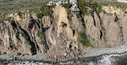 Luxury homes in danger of falling due to a landslide following heavy rainfall, in Dana Point, California, on February 15 2024