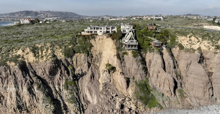 Luxury homes in danger of falling due to a landslide following heavy rainfall, in Dana Point, California, on February 15 2024