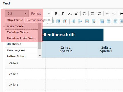 Auswahlmöglichkeiten der Formatierungsstile