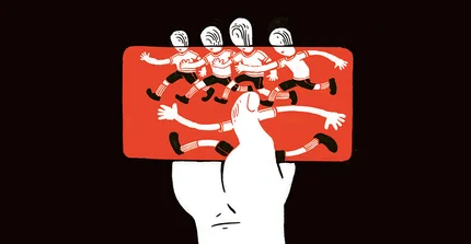 Illustration einer Hand, die ein Smartphone quer hält. Darauf rennende illustrierte Figuren in Sportkleidung. Der Daumen der Hand bildet den Kopf einer Figur im Vordergrund auf dem Handy. Die kleineren Figuren im Hintergrund des Bildschirms haben ebenso Fingerkuppen mit angedeuteten Fingerabdrücken als Köpfe.