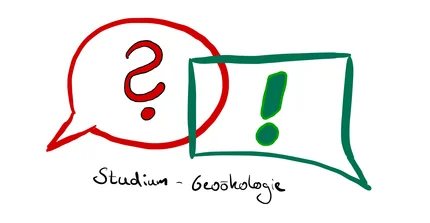 Frage und Ausrufezeichen in Sprechblase. Darunter steht: Studium - Geoökologie