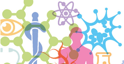 Eine Ansammlung an bunten Symbolen aus dem wissenschaftlichen und technischen Bereich