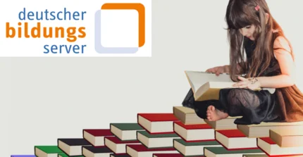Oben links: Logo des Deutschen Bildungsservers, Bild: Mädchen oben rechts sitzt auf Treppe aus Büchern und liest in einem Buch
