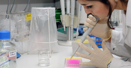 Studierende mit Pipette an Reagenzglas im Labor