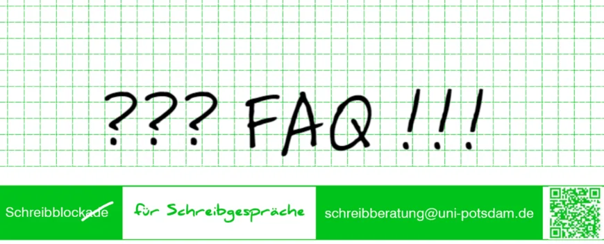 Auf dem grün karierten Schreibblock der Schreibberatung steht: ??? FAQ !!!