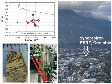 In situ XAS of Mo K-edge in 1M NaOH solution. Sample of quartz-pyrite-molybdenite vein (Toromocho copper deposit, Peru). Hydrothermal autoclave for in situ experiments, ESRF, Grenoble, France. 