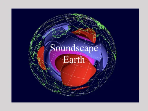 Spatial distribution of seismic velocities within the Earth, superimposed by the label Soundscape Earth