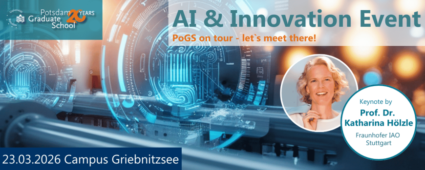 Ein Teaserbild für das AI & Innovation Event mit einem Porträtbild von der Keynote Speakerin Prof. Dr. Katharina Hölzle.