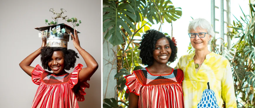 Vistorina Amputu wearing the graduation hat and posing with her supervisor Prof. Katja Tielbörger