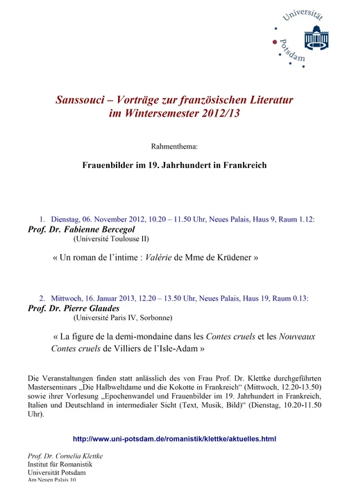Sanssouci – Vorträge zur französischen Literatur im Wintersemester 2012/13