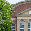 Fassade des Audimax der Universität Potsdam, links und rechts gesäumt von blühenden Kastanien