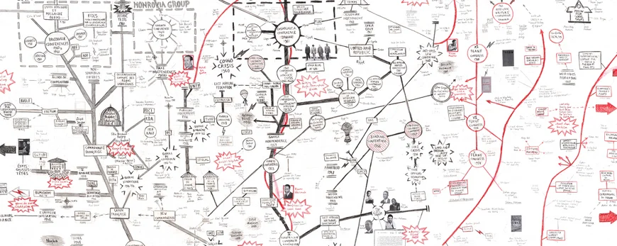 Detail of Beyond the Borders of Berlin, a mapping of individual and collective movements that were committed tomaintaining (grey pencil/left) or abolishing (black crayon/middle) the colonial African boundaries that were drawn at the Berlin Conference of 1884/5. The curved red lines represent exemplary trajectories of Panafricanists moving outside the state-centric framework within which the black lines operate.