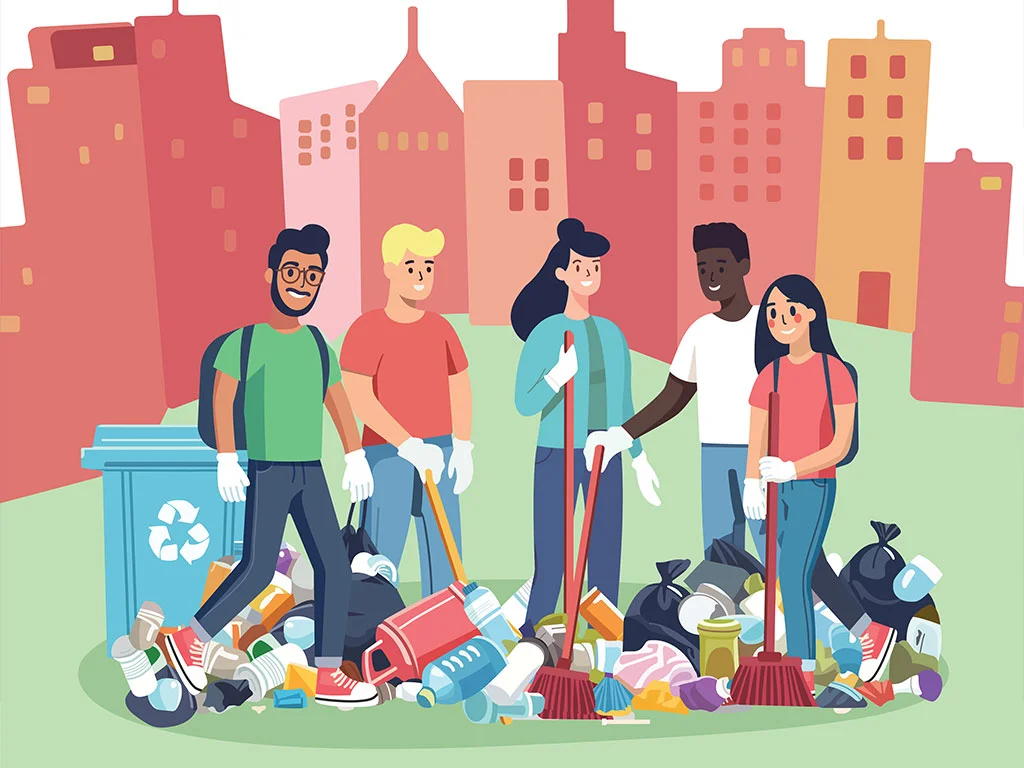Illustration: 5 Personen sammeln zusammen Müll. Im Hintergrund die stilisierte Skyline einer Stadt.