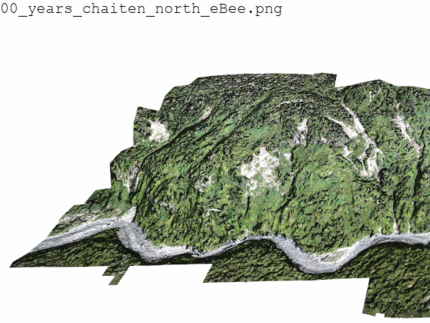 Time series of modelled landslide probability in red (0-1) on a hillslope of Chaitén volcano, Patagonia, considering time-varying root cohesion following forest dieback. All simulations were computed using the Landlab's modelling environment.