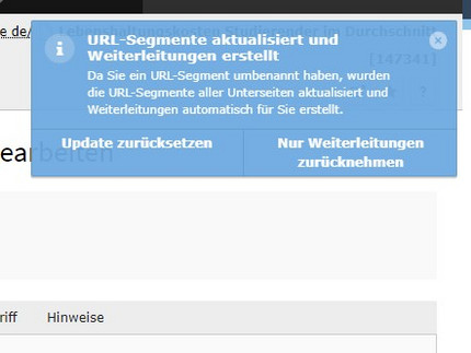 Systemmeldung zum Verwalten des aktualisierten URL-Segments