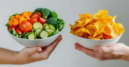 Auf dem Foto sind zwei weiße Schalen zu sehen. In einer Schale befinden sich Gemüse – unter anderem Paprika, Tomaten und Gurken – und der Inhalt der zweiten Schale sind Chips. Das Foto stammt von AdobeStock.