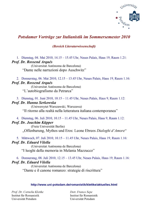 Potsdamer Vorträge zur Italianistik im Sommersemester 2010