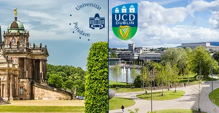 Unigebäude Am Neuen Palais und University College Dublin nebeneinander mit Logos