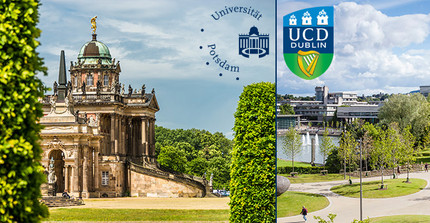 Unigebäude Am Neuen Palais und University College Dublin nebeneinander mit Logos