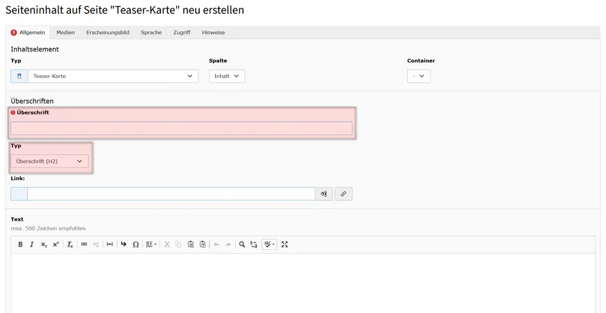 Geben Sie eine Überschrift für Ihre Teaser-Karte ein. Beachten Sie die Zeichenbegrenzung von 100 Zeichen. Entscheiden Sie, ob die Überschrift im Frontend ausgeblendet oder als H2 angezeigt werden soll.