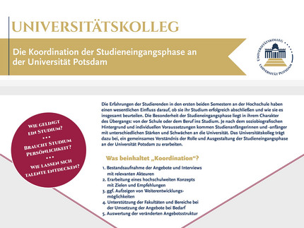 Poster listet Anliegen und Vorteile einer systematischen Koordination der Studieneingangsphase durch das Universitätskolleg auf.