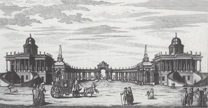 Communs and Colonnade. Copperplate engraving by Johann David Schleuen, 1770