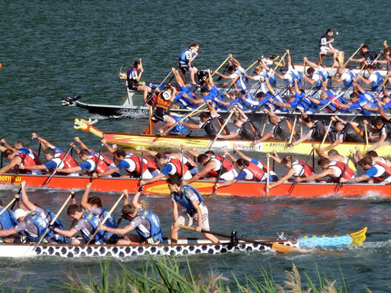 Das Bild zeigt eine Drachenbootregatta. Es treten vier Boote gegeneinander an. 