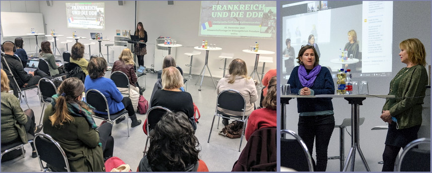 Aufnahme des Tagungsraumes mit Teilnehmenden sowie Foto von Gabrielle Robein in der Diskussion