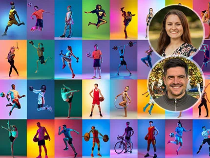 Bildcollage: Menschen beim Ausüben von Sportarten. Oben rechts Portraits von Referent*innen der Kinderuni.