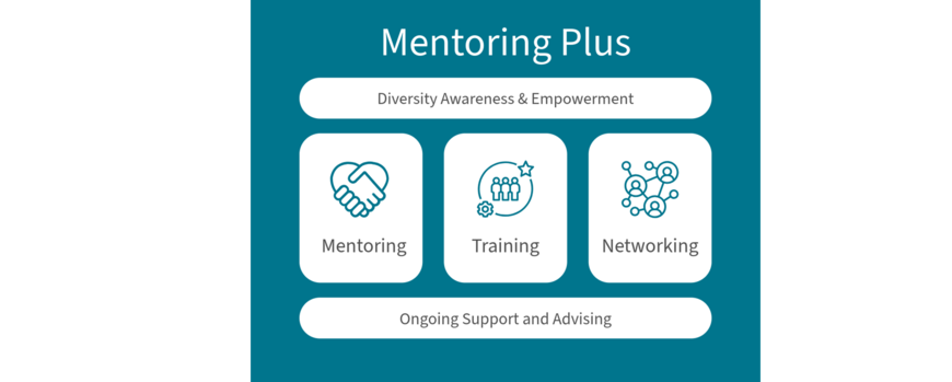 Visual illustration of the five components of the Mentoring Plus program: diversity awareness and empowerment, mentoring, training and networking, as well as ongoing support and advice.