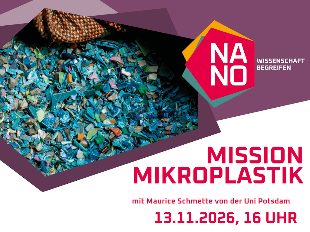 Mikroplastikteilchen auf lilafarbenem Hintergrund mit dem Logo des NANO Science Centers