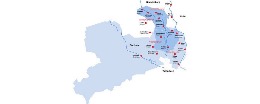 Karte Sachsens, in dessen Nordosten Sorbische Regionen und Städte eingetragen sind
