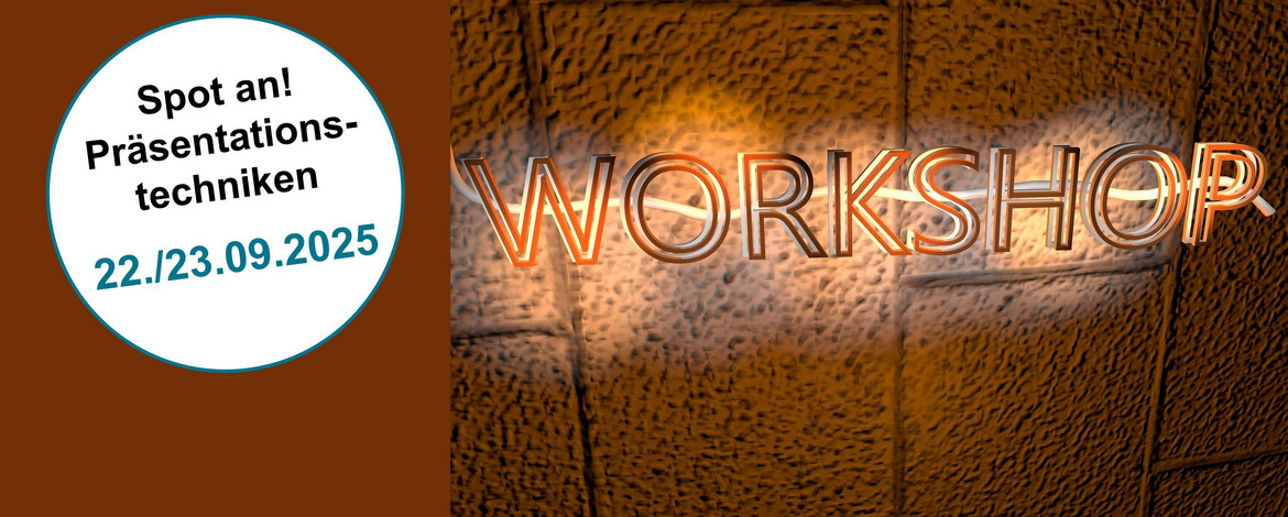 Eine Leuchtschrift bildet das Wort Workshop an einer Backsteinmauer. Hiwenis auf den Workshop Spot on! Präsentationstechniken am 22./23.09.2025 - Spot on! Präsentationstechniken für den souveränen Auftritt